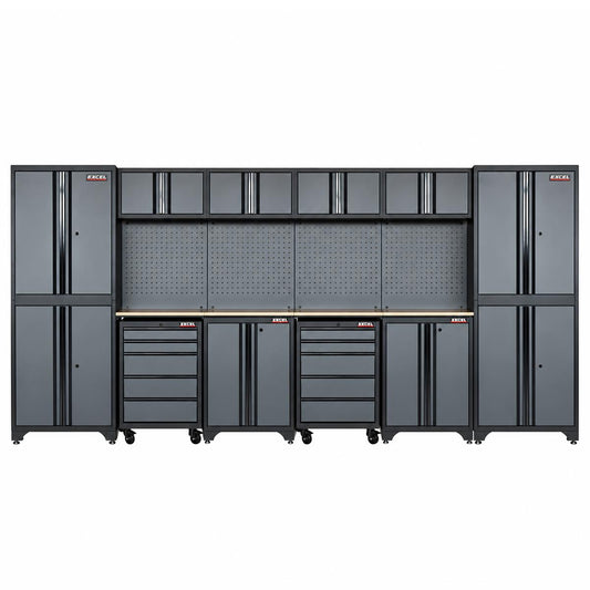 Excel 154" 14-Piece Garage Storage System with 4 Overhead Cabinets, 2 Tall Cabinets & Pegboards