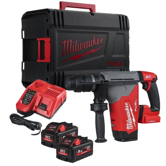 Milwaukee M18ONEFHPX-552X 18V Brushless SDS+ Hammer Drill with 2 x 5.5Ah Batteries, Charger & FIXTEC Chuck in Case 4933478497