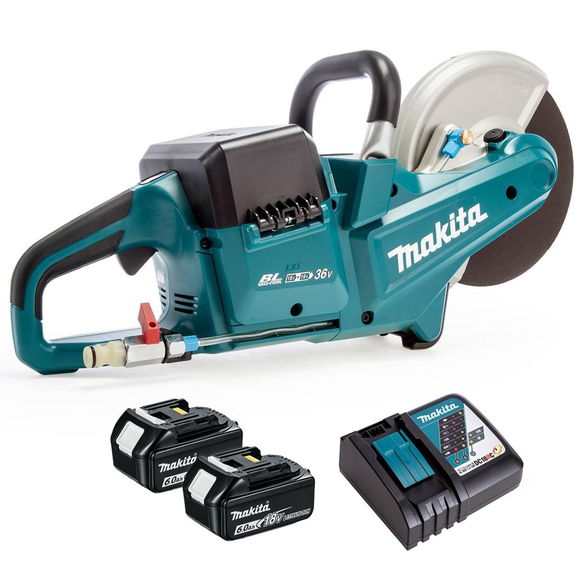 Makita DCE090ZX1 36V LXT 230mm Brushless Disc Cutter with 2 x 6.0Ah Battery & Charger