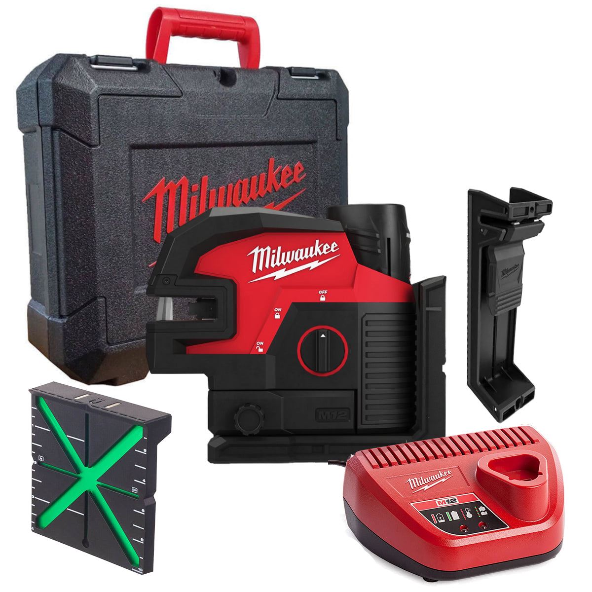 Milwaukee M12CLL4P-201C 12V 4 Points Green Cross Line Laser with 1 x 2.0Ah Battery, Charger & Case