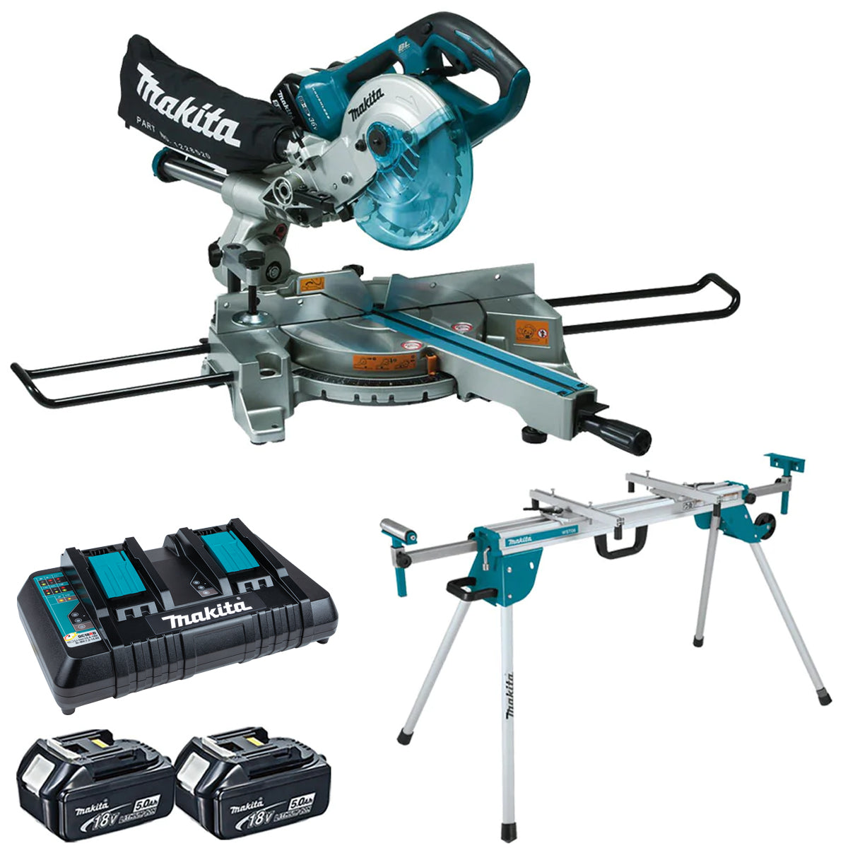 Makita DLS714NZ 36V Brushless Slide Compound Mitre Saw With 2 x 5.0Ah Batteries Charger & Stand