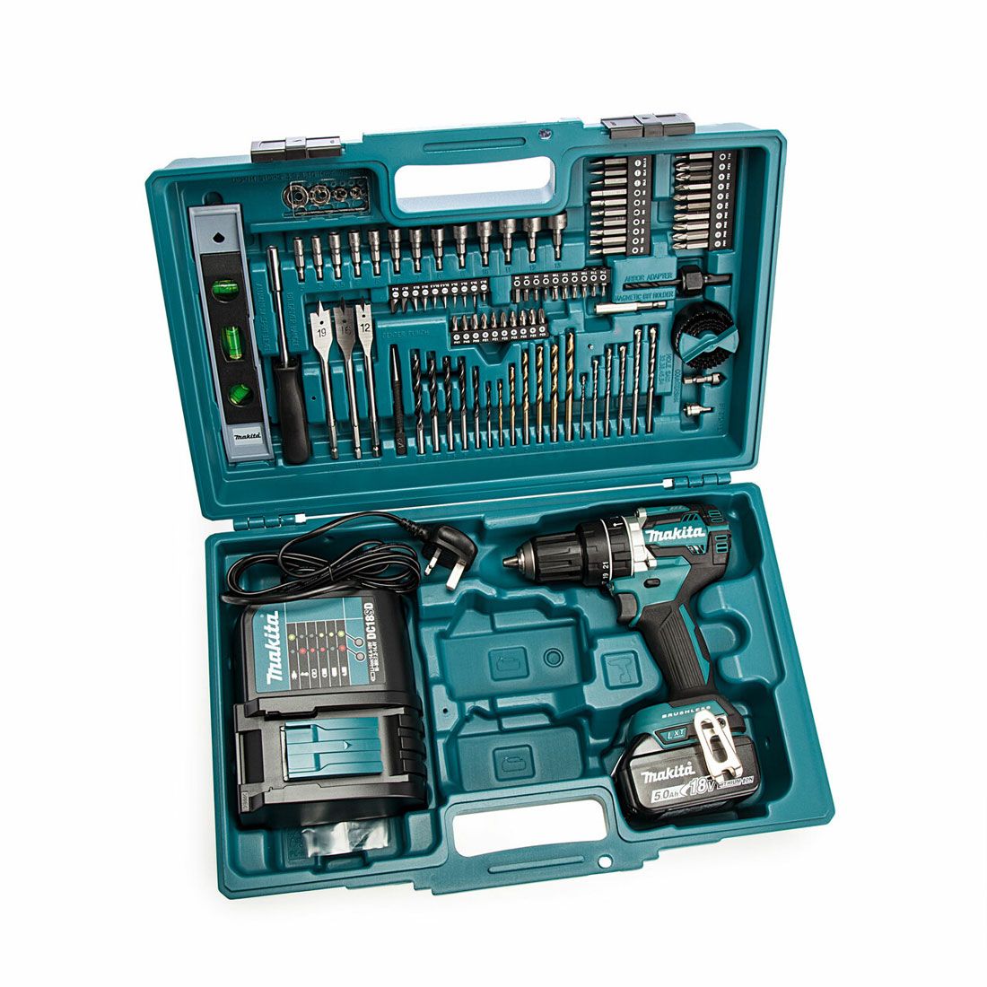 Makita DHP484STX5 18V LXT Brushless Combi Drill With 1 x 5.0Ah Battery, Charger & 101Pc Accessory Case