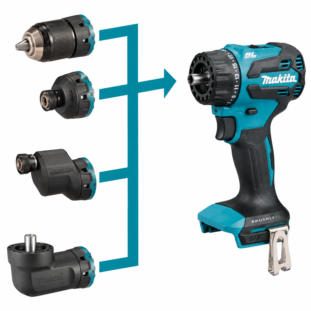 Makita DDF491ZJ01 18V LXT Brushless Multi Head Drill Driver Body with Interchangeable Heads & Case