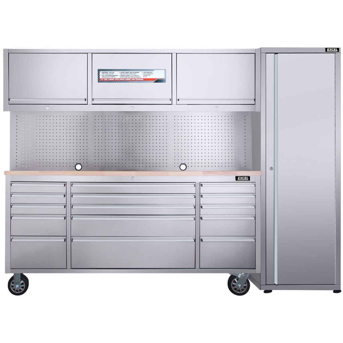 Excel 72inch 15 Drawer Stainless Steel Workbench Roller Tool Chest Cabinet with 3 Overhead Cabinets & Tall Cabinet