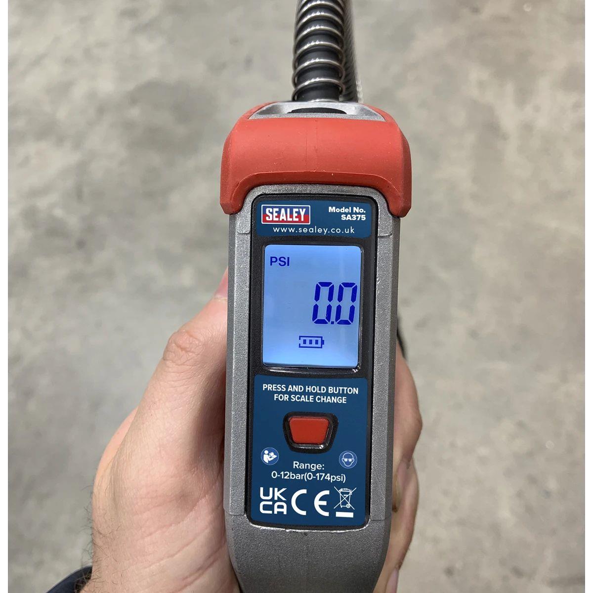 Sealey SA375 Digital Tyre Inflator with 2.7m Hose & Clip-On Connector