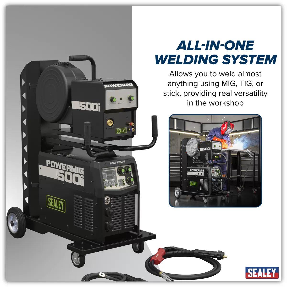 Sealey POWERMIG500i 500A Professional Gas/Gasless MIG/TIG/MMA Inverter Welder With Portable Wire Feeder 400V/3ph