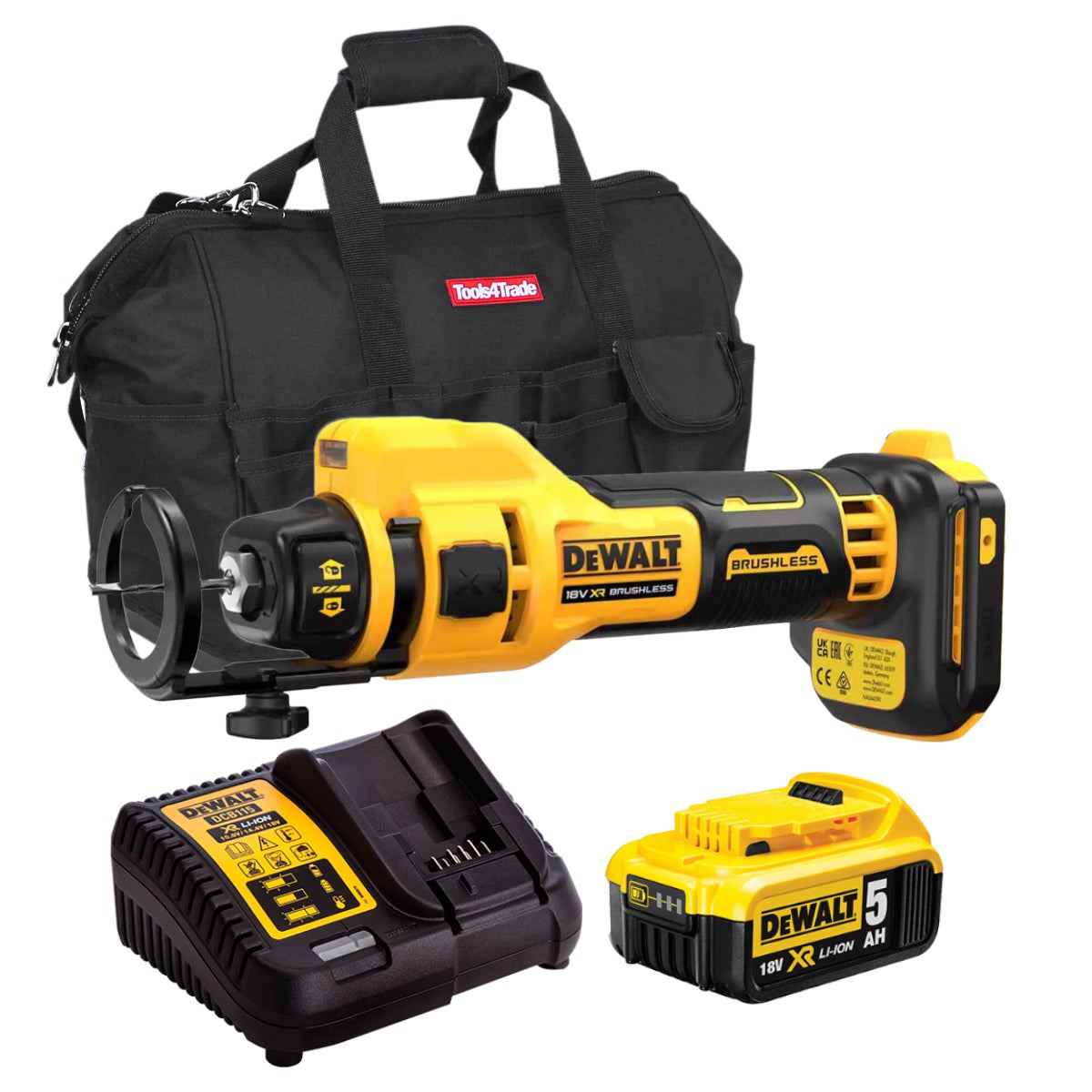 DeWalt DCE555N-XJ 18V XR Brushless Drywall Cut Out Tool with 1 x 5.0Ah Battery Charger & Bag