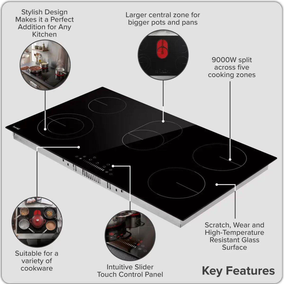 Sealey DH389 Baridi Integrated Ceramic Hob with 5 Cooking Zones 90cm Black Glass