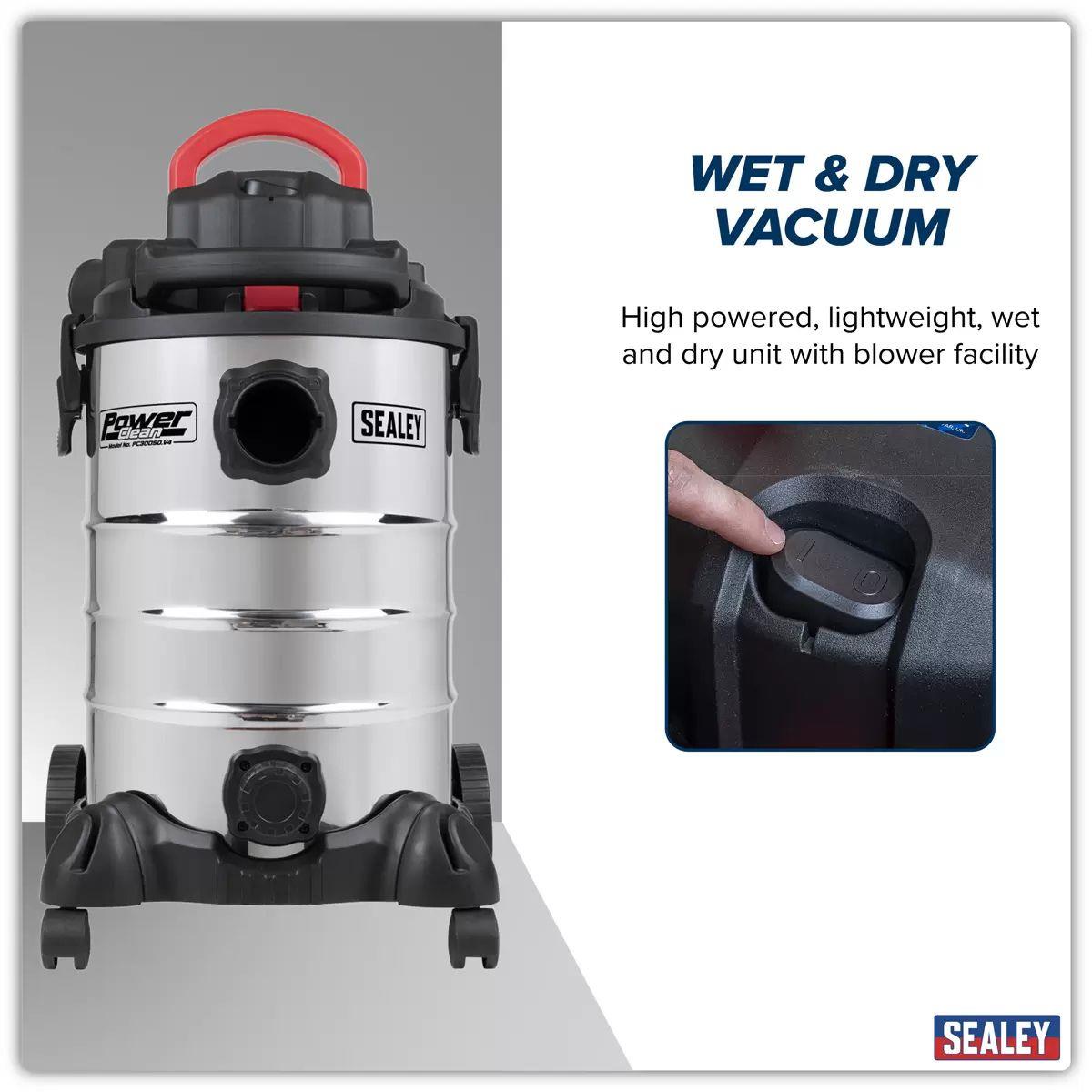 Sealey PC300SD 30L Vacuum Cleaner Wet & Dry with Stainless Steel Drum & Detachable Leaf Blower 1200W/230V