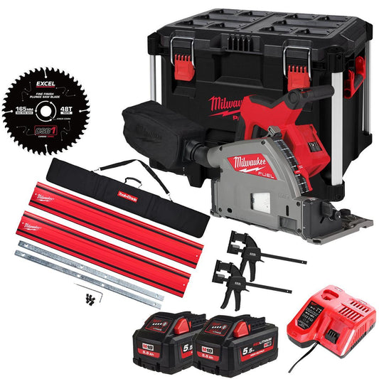 Milwaukee M18FPS55-552PEB 18V 165mm Fuel Brushless Plunge Saw with 2 x 5.5Ah Battery with Blade & Guide Rail Kit