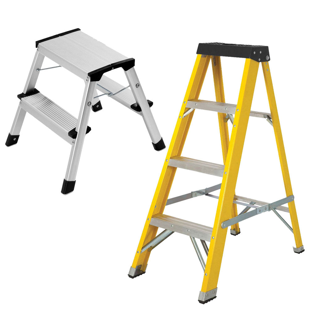 Excel Heavy Duty Fibreglass 4 Tread Ladder with 2 Step Hop Up Ladder