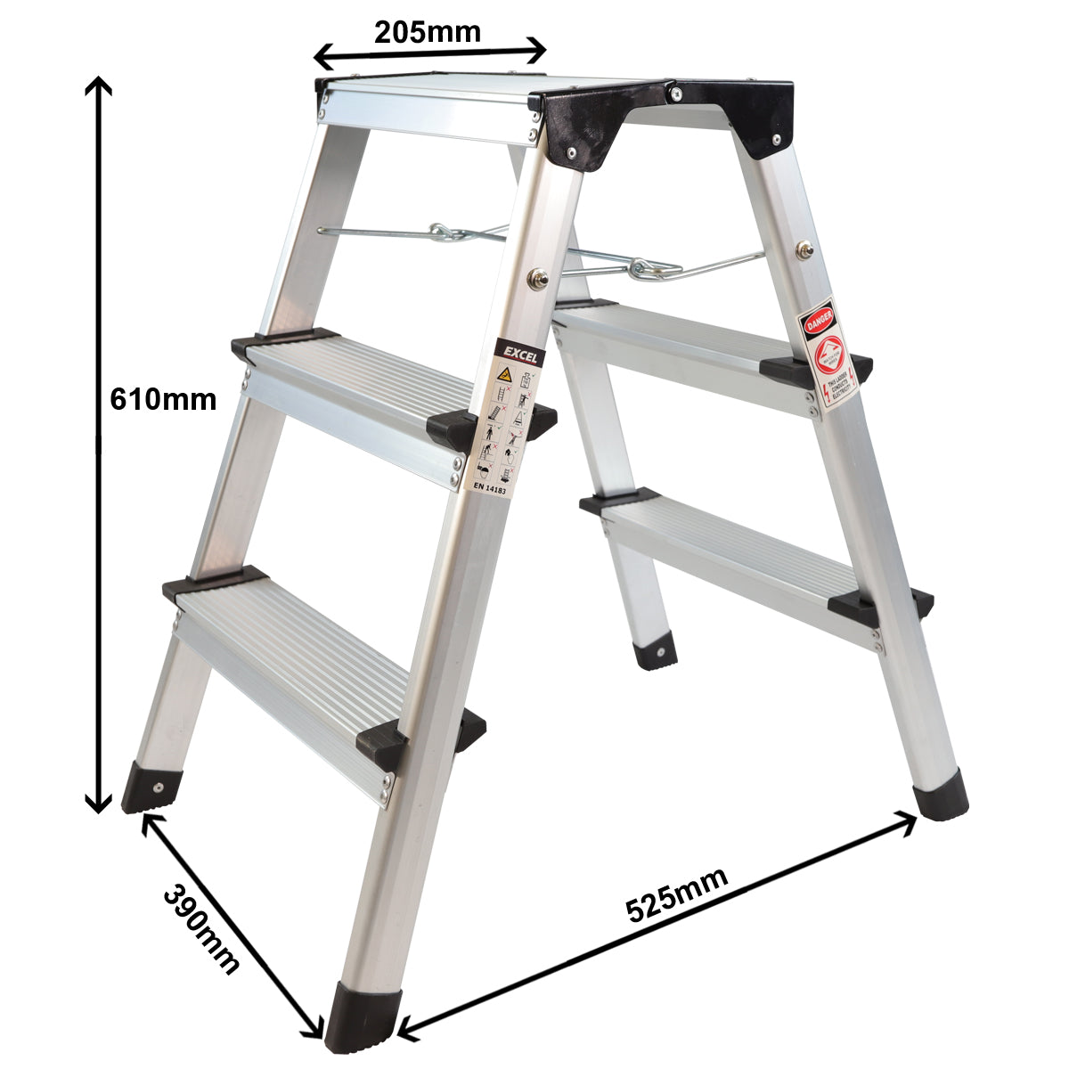 Excel Aluminium Stool Ladder 3 Tread with Fibreglass Folding Hop Up