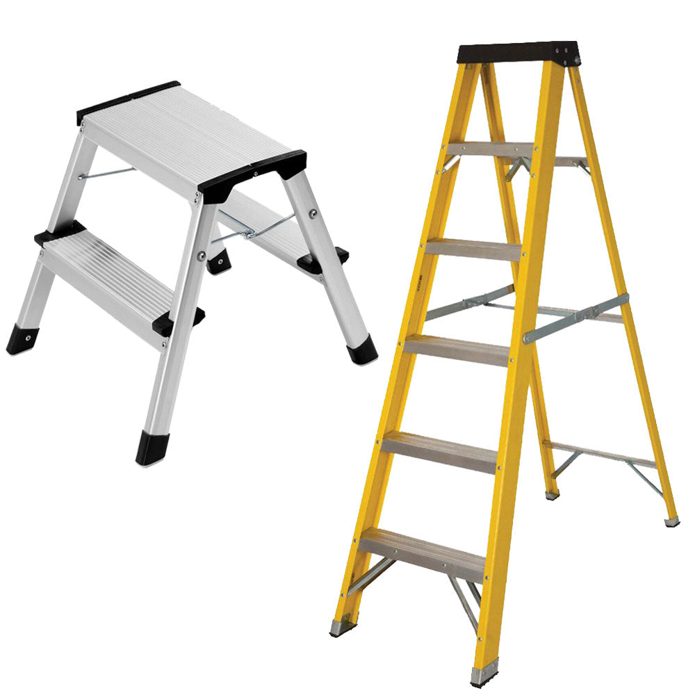 Excel Heavy Duty Fibreglass 6 Tread Ladder with 2 Step Hop Up Ladder