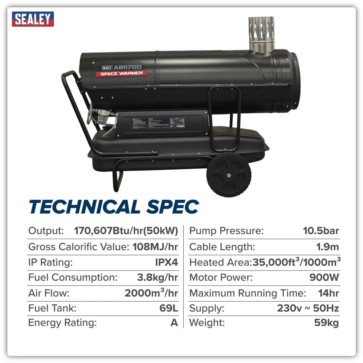 Sealey ABI1700 Space Warmer Indirect Kerosene/Diesel Heater with Wheels 230V/900W