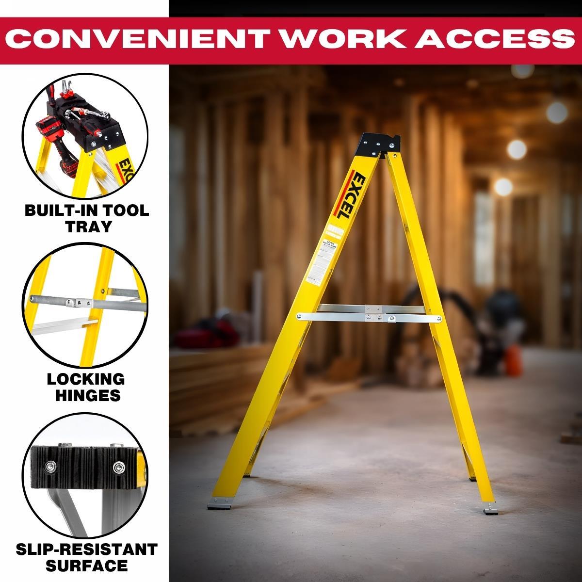 Excel Heavy Duty Fiberglass 6 Tread Ladder with Folding Hop Up