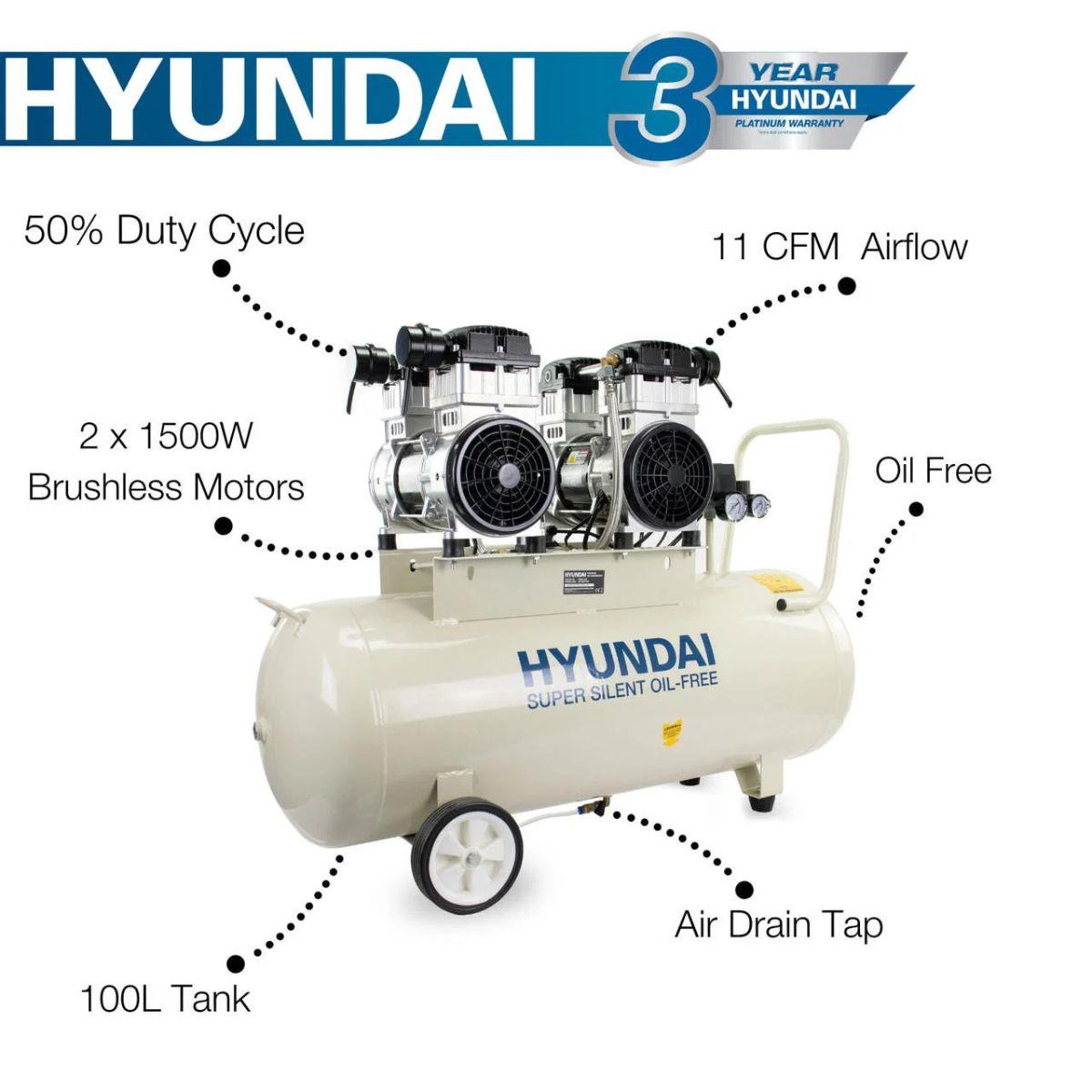 Hyundai HY2150100 100L Oil Free Low Noise Electric Air Compressor 145psi Direct Drive 1500W/230V