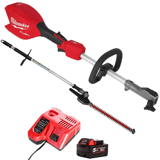 Milwaukee M18FOPH2-0 FUEL 18V Brushless Split Shaft with 1 x 5.0Ah Battery Charger & Hedge Trimmer Attachment