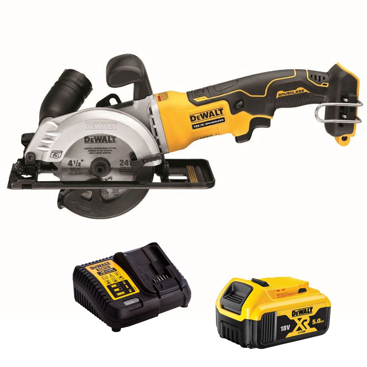 Dewalt DCS571N 18V XR Brushless 115mm Compact Circular Saw with 1 x 5.0Ah Battery & Charger