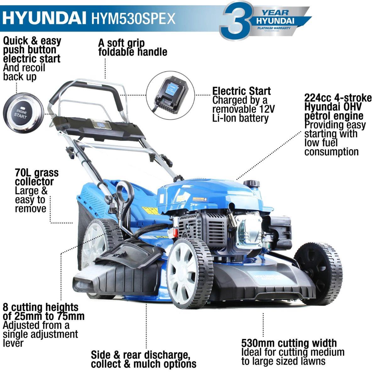 Hyundai HYM530SPEX 224cc 53cm Electric-Start Self-Propelled 4-in-1 Petrol Lawnmower