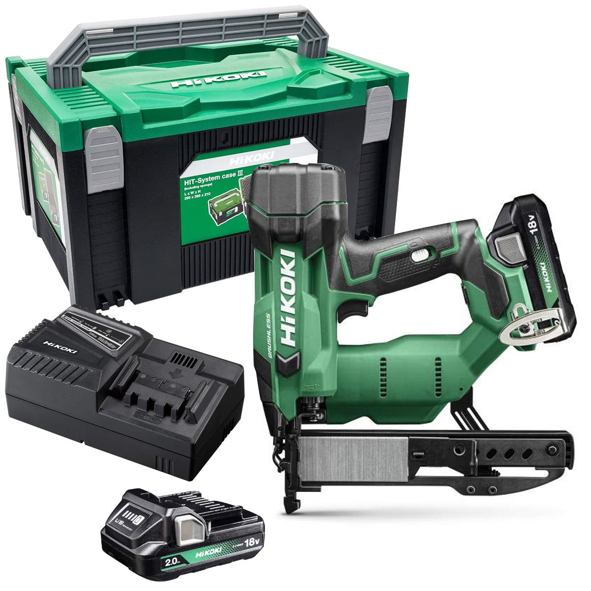 Hikoki N1804DAJXZ 18V Brushless 2nd Generation 18G Narrow Crown Stapler with 2 x 2.0Ah Battery Charger & Case