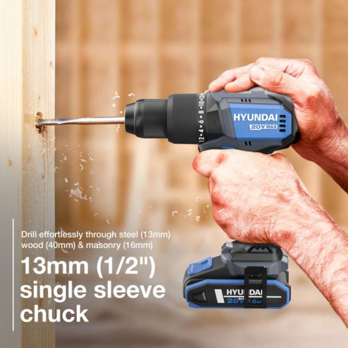 Hyundai S02-FTB 20V Hammer Drill and Angle Grinder 115mm Brushless Kit 2.0Ah/4.0Ah Li-ion Battery & 2A Charger