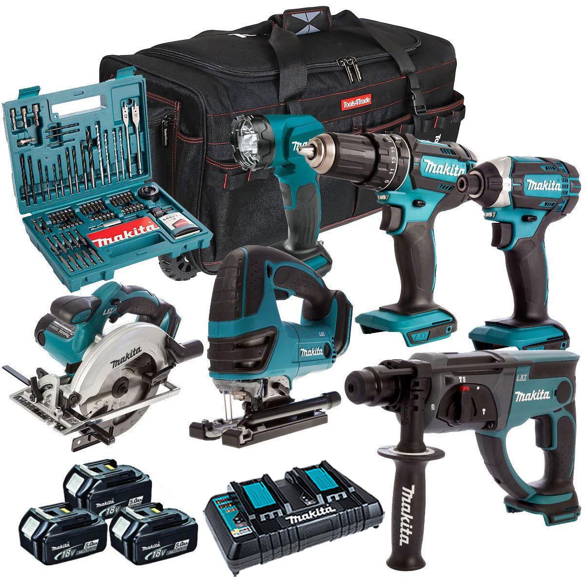 Makita 18V 6 Piece Cordless Kit with 3 x 5.0Ah Batteries & 100 Piece Bit Set T4TKIT-49