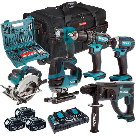 Makita 18V 6 Piece Cordless Kit with 3 x 5.0Ah Batteries & 100 Piece Bit Set T4TKIT-49