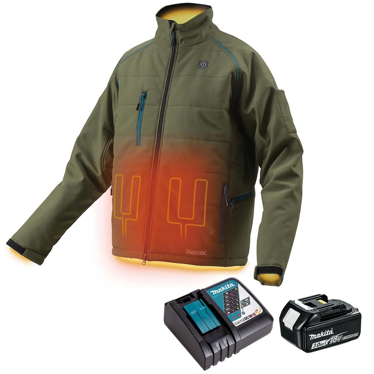 Makita DCJ205ZMO 14.4V-18V LXT Heated Jacket Olive Medium with 1 x 3.0Ah Battery & Charger