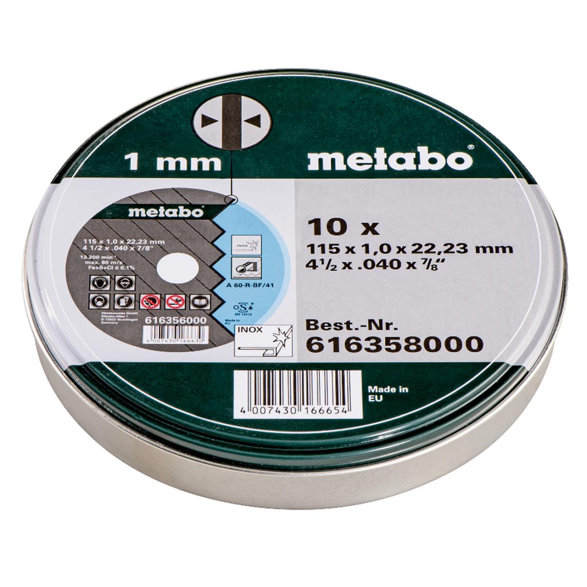 Metabo 115mm x 1.0 x 22.23 Inox Angle Grinder Discs Pack Of 10 - 616358000