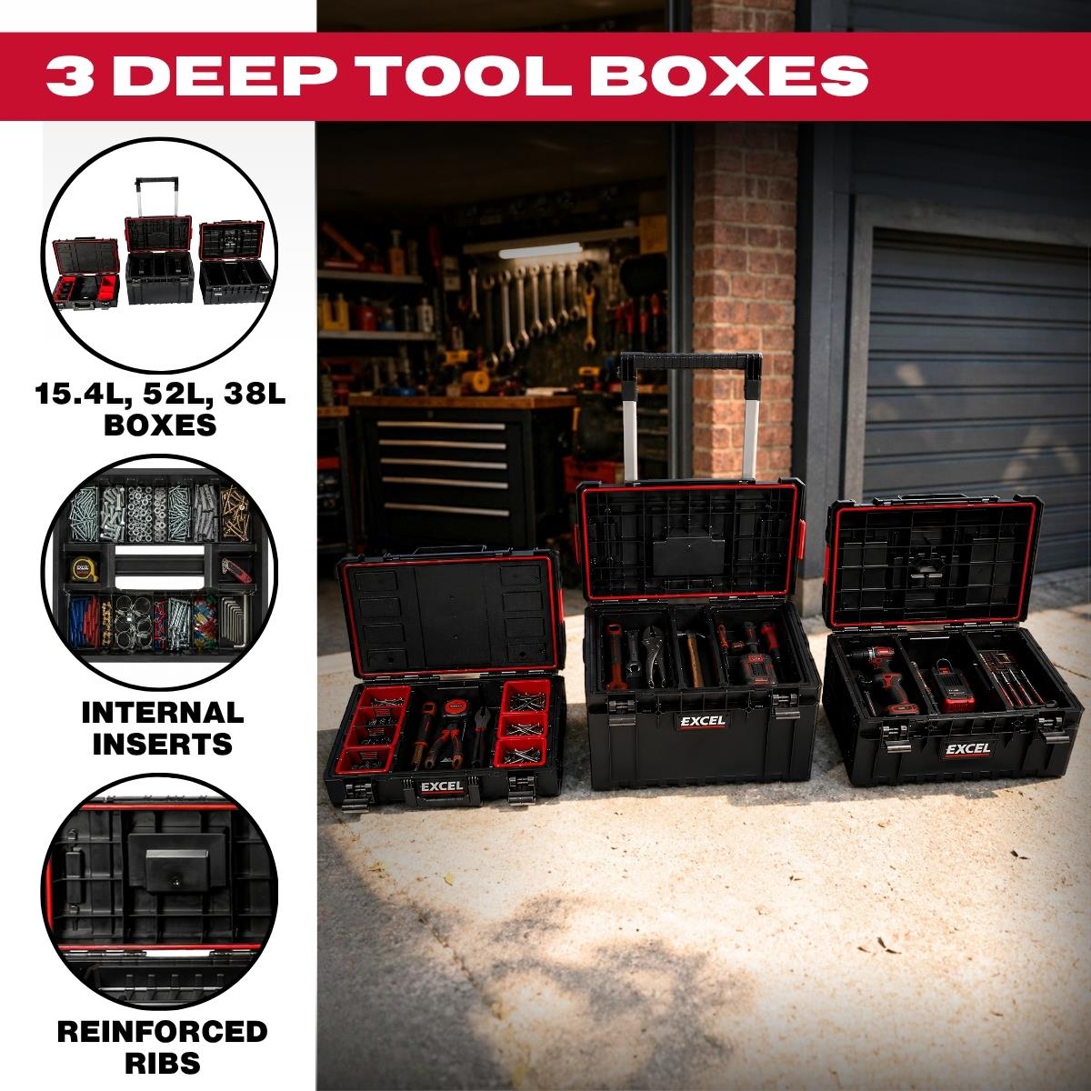 Excel Modular Stackable Tool Box Heavy Duty Mobile Storage 3 Piece Set with Wheels