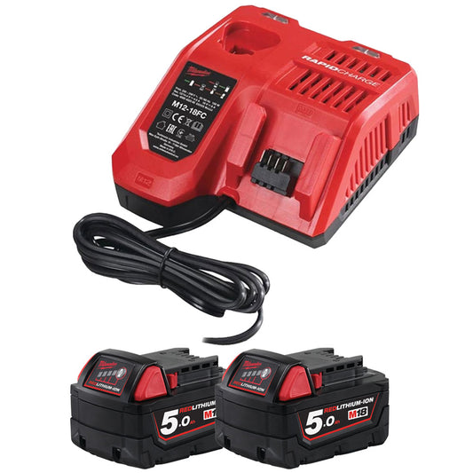 Milwaukee M18B5X2 18V Red Lithium-ion 5.0Ah Batteries with Fast Charger