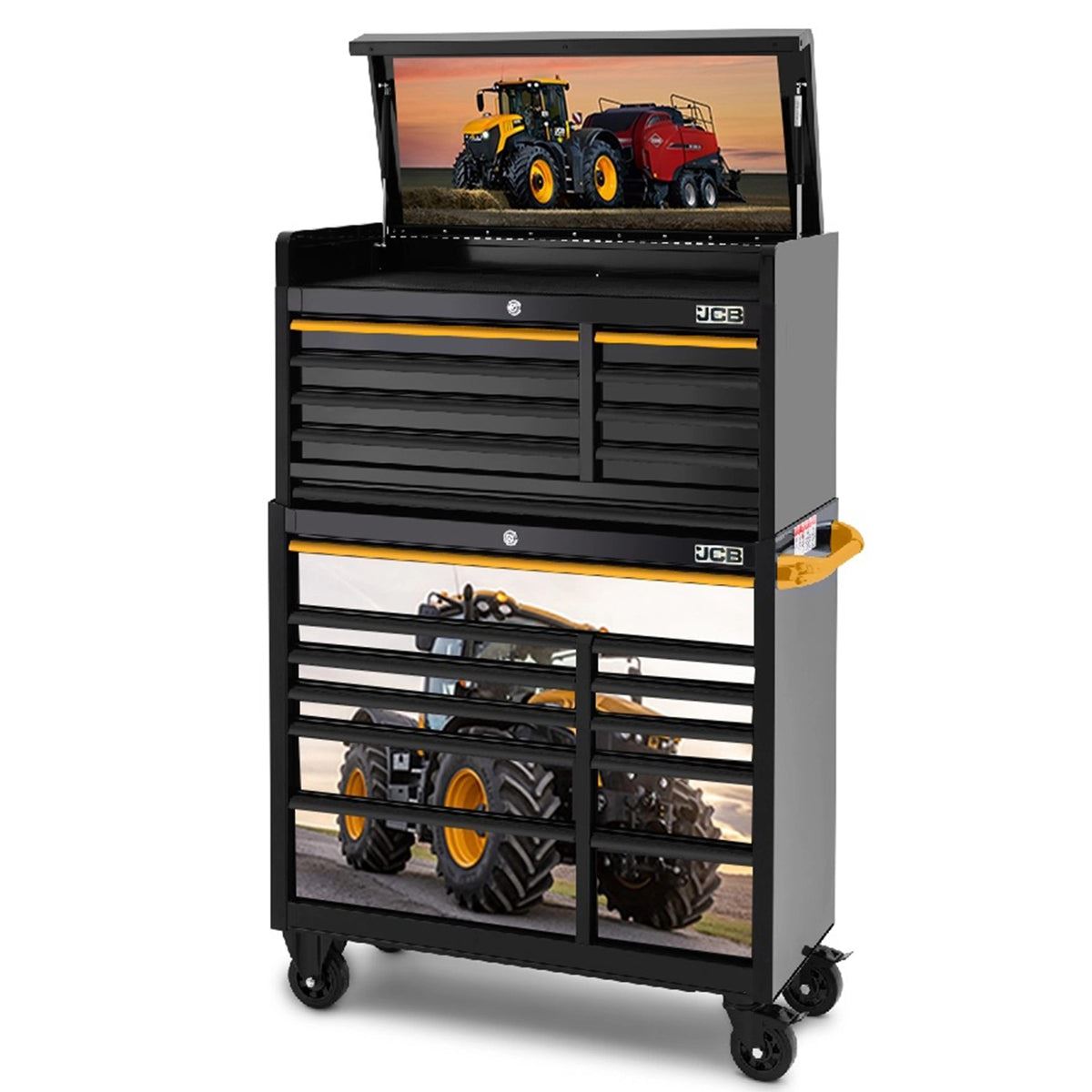 JCB 42’’ Roller Cabinet and Top Tool Chest Stack 19 Drawer with Fastrac Tractor Wrap JCBFSTSTACK