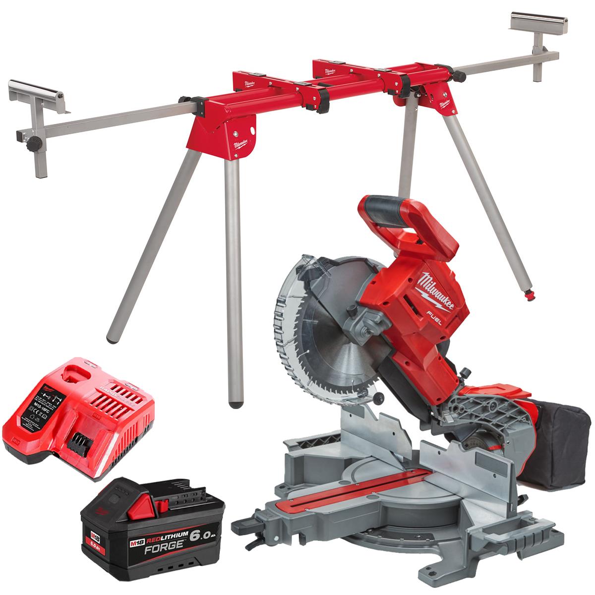 Milwaukee M18FMS254-0 18V FUEL Brushless 254mm Compound Mitre Saw with 1 x 6.0Ah Battery Charger & Extendable Saw Stand