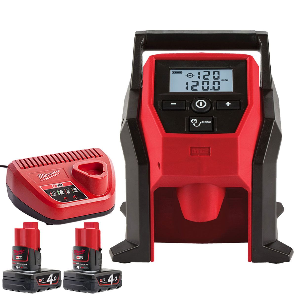 Milwaukee M12BI-0 M12 12V Sub Compact Inflator with 2 x 4.0Ah Batteries & Charger