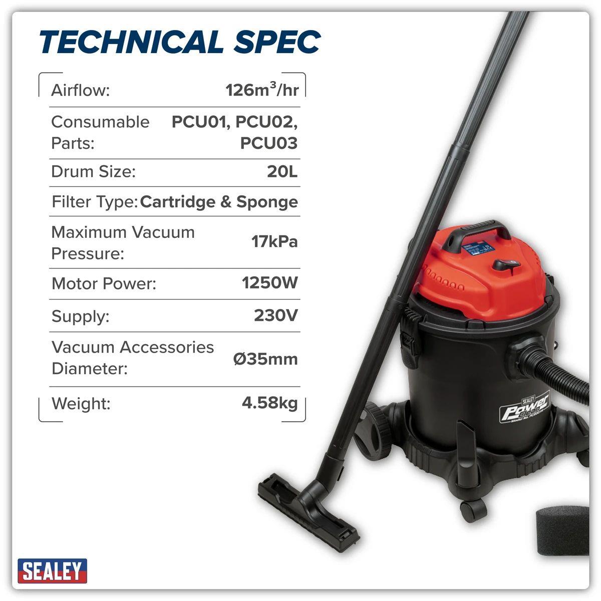 Sealey PC200 20ltr Wet and Dry Vacuum Cleaner 230V/1250W