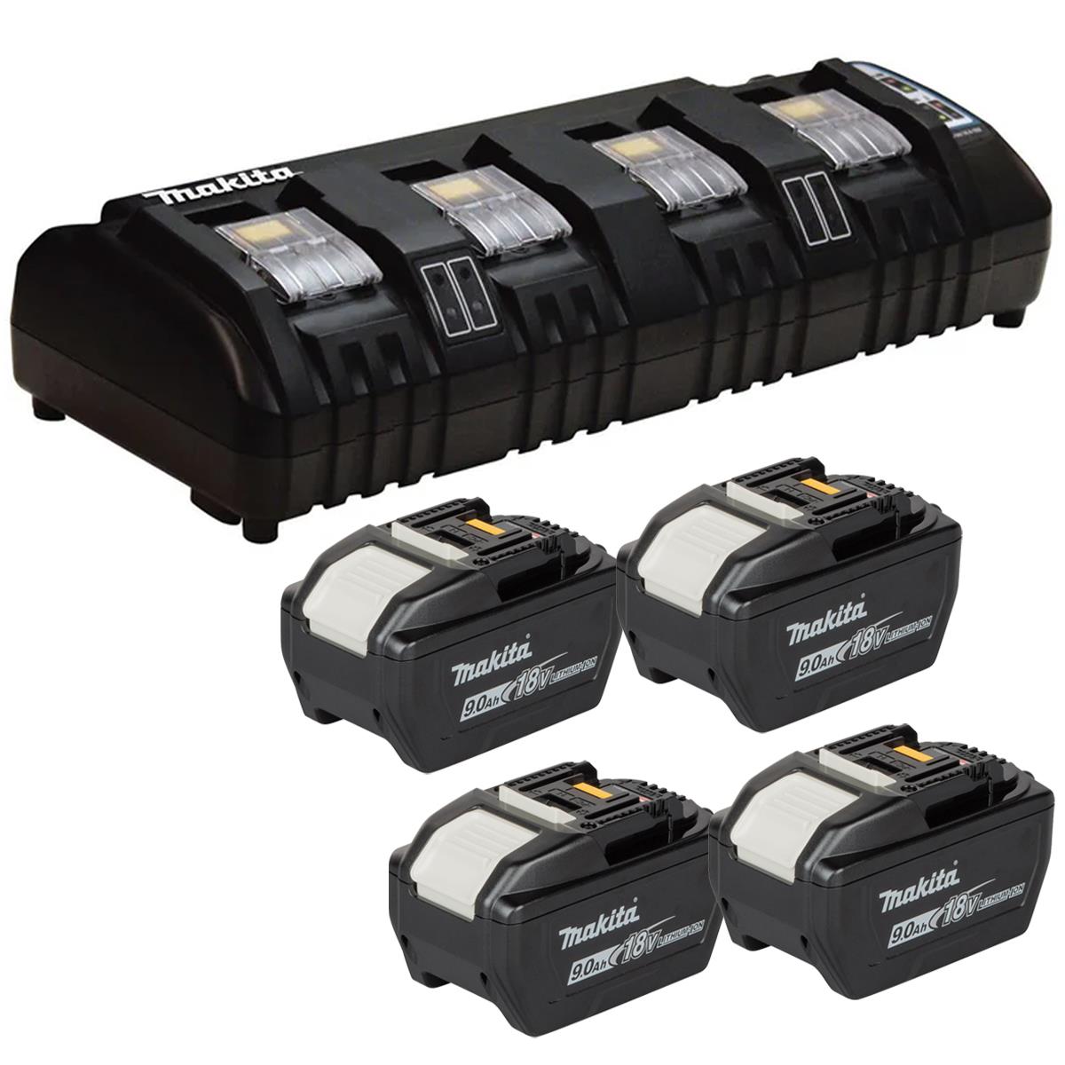 Makita DC18SF 14.4V - 18V Multi Four Port Battery Charger 240V with 4 x 9.0Ah Battery
