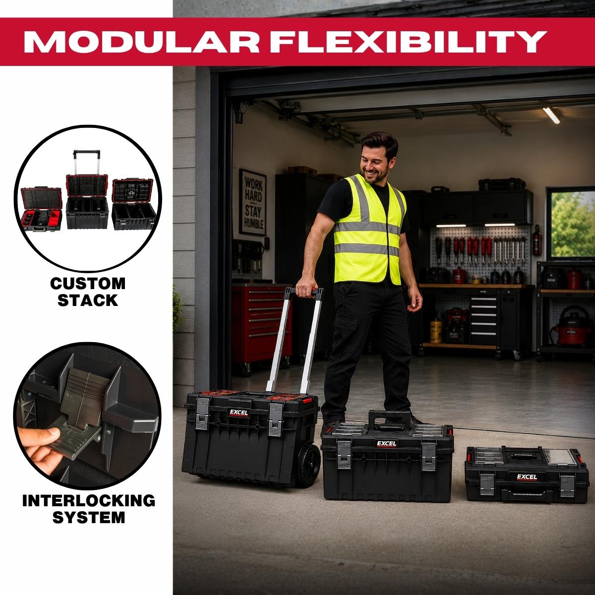 Excel Modular Stackable Tool Box Heavy Duty Mobile Storage 3 Piece Set with Wheels