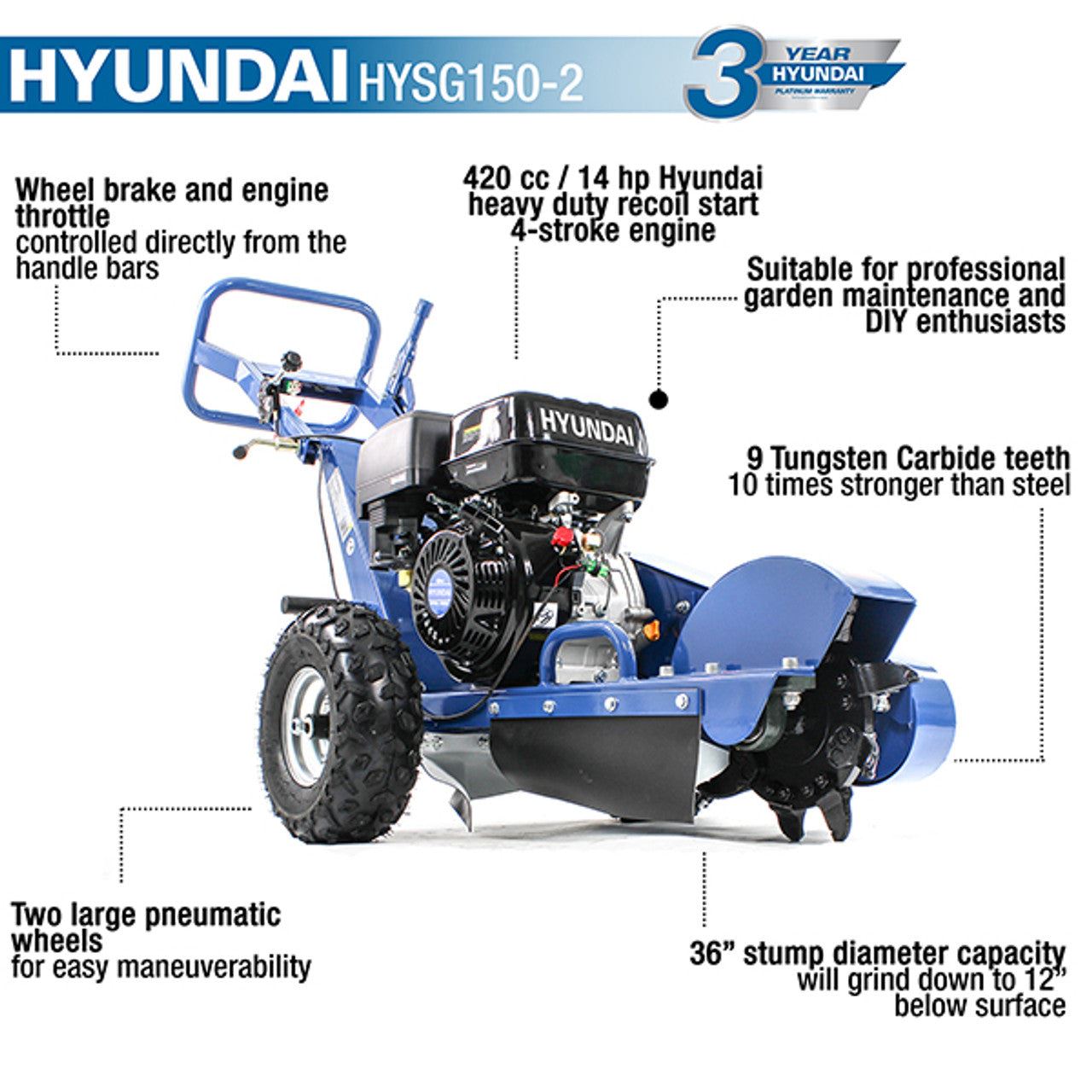 Hyundai HYSG150-2 14hp Petrol Stump Grinder Heavy Duty 420cc 4-Stroke Engine