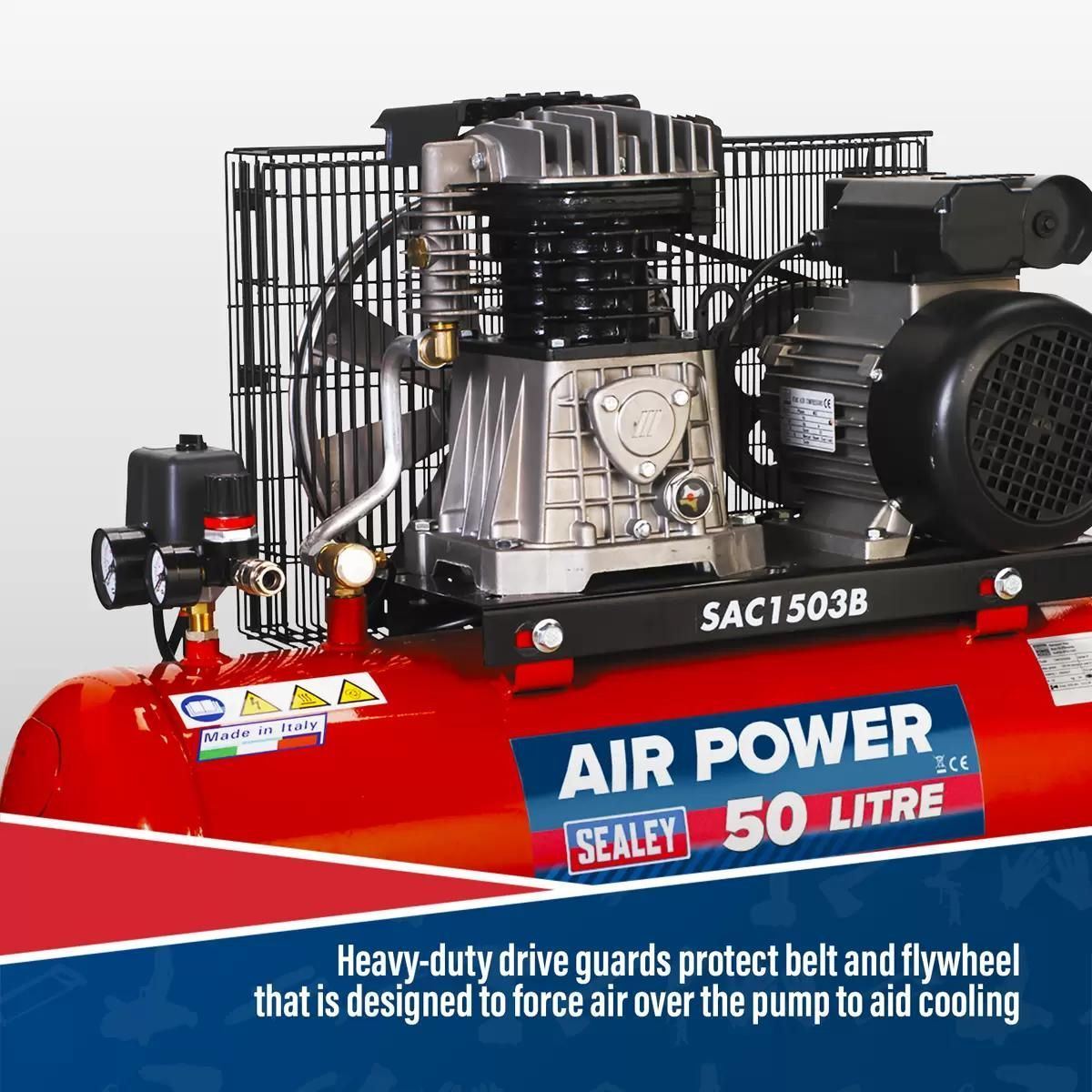 Sealey SAC1503B 50L Belt Drive Air Compressor with Cast Cylinders & Wheels 230V/13A