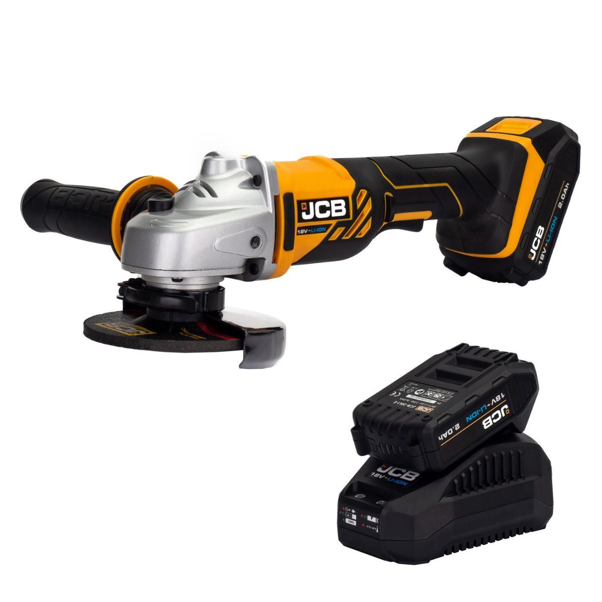 JCB 18AG-2-V2 18V Cordless Angle Grinder 115mm with 2 x 2.0Ah Batteries & 1 x 2.4A Fast Charger