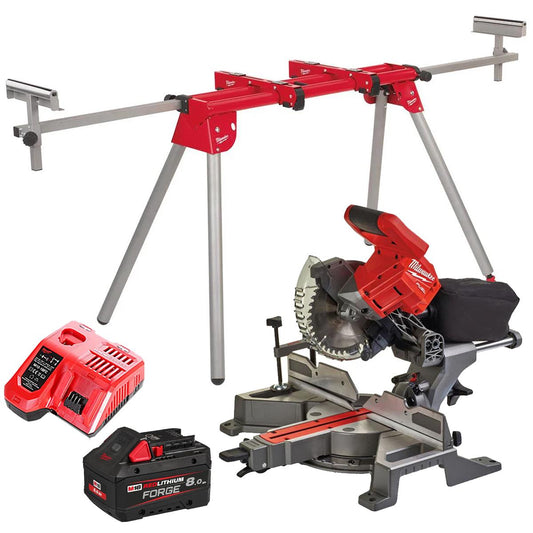 Milwaukee M18FMS190-0 18V Fuel Brushless 190mm Mitre Saw with 1 x 8.0Ah Battery Charger & Extendable Saw Stand