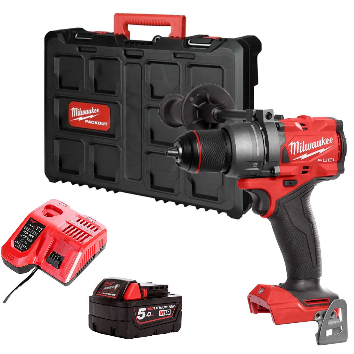 Milwaukee M18FPD3-0 18V Fuel Brushless Combi Drill with 1 x 5.0Ah Battery Charger & Empty Tool Box (Without Inlay)