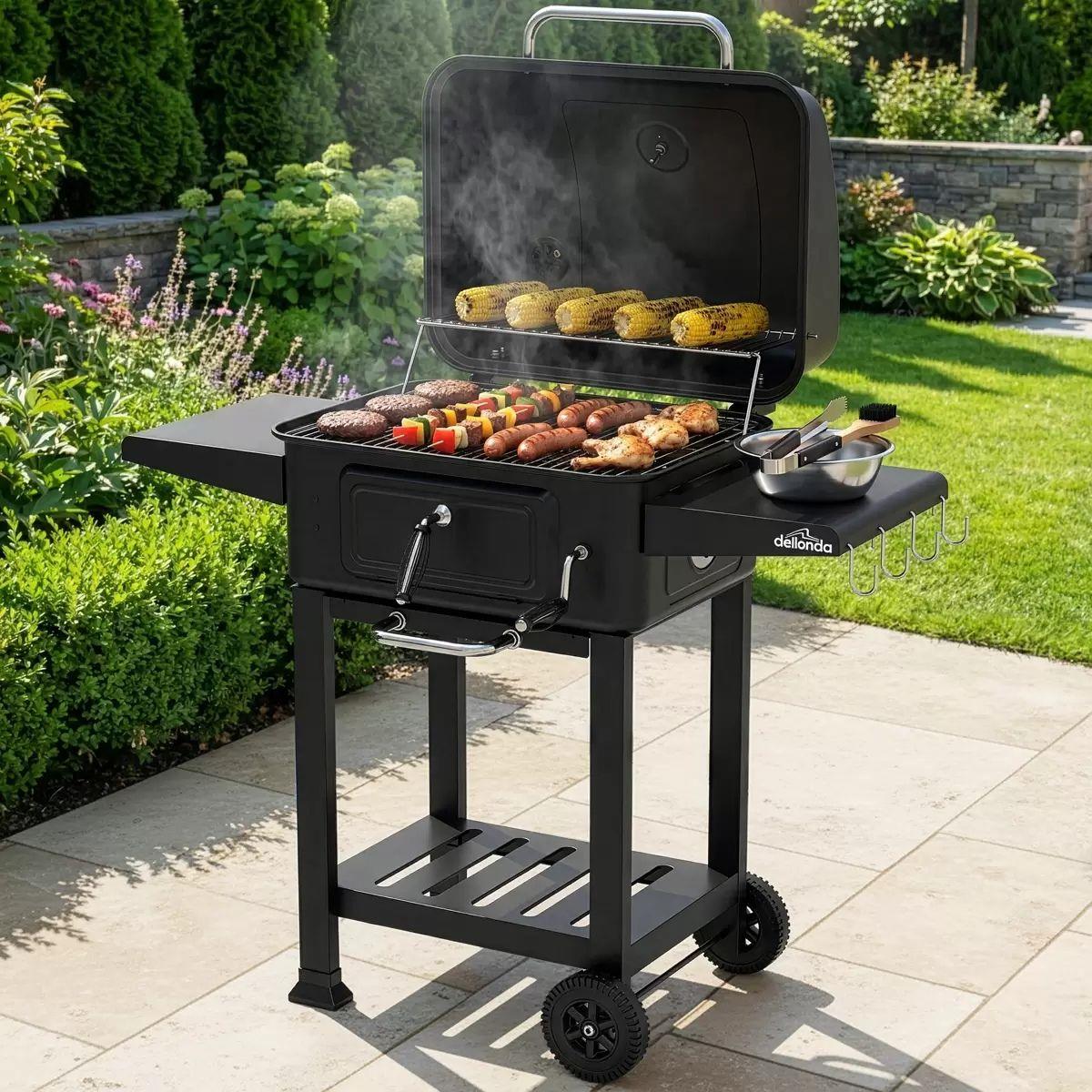 Sealey DG283 Dellonda Charcoal Grill BBQ Smoker and Trolley with 2 Side Shelves Black