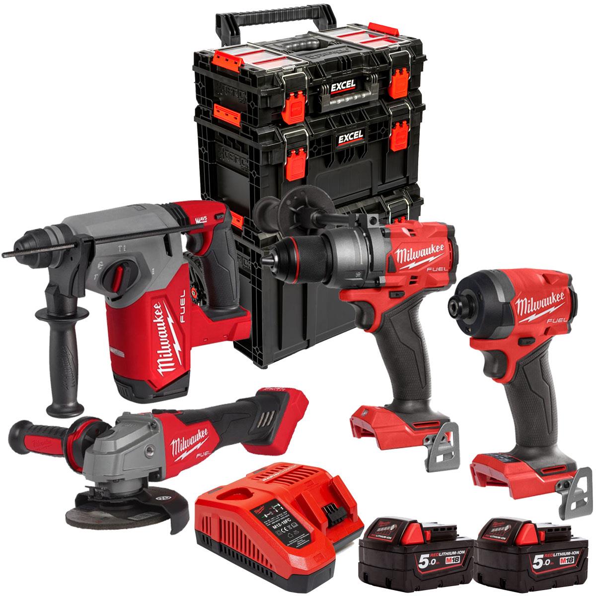 Milwaukee M18FPP4Z-503EB 18V Brushless 4 Piece Power Tool Kit With 2 x 5.0Ah Battery, Charger & Modular Tool Box 3 Piece Set