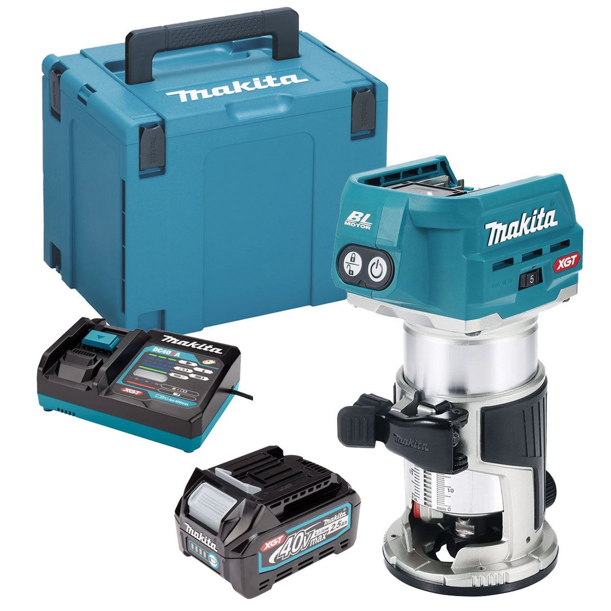 Makita RT001GZ20 40Vmax XGT Li-Ion Brushless Router Trimmer with 1 x 2.5Ah Battery Charger & Case