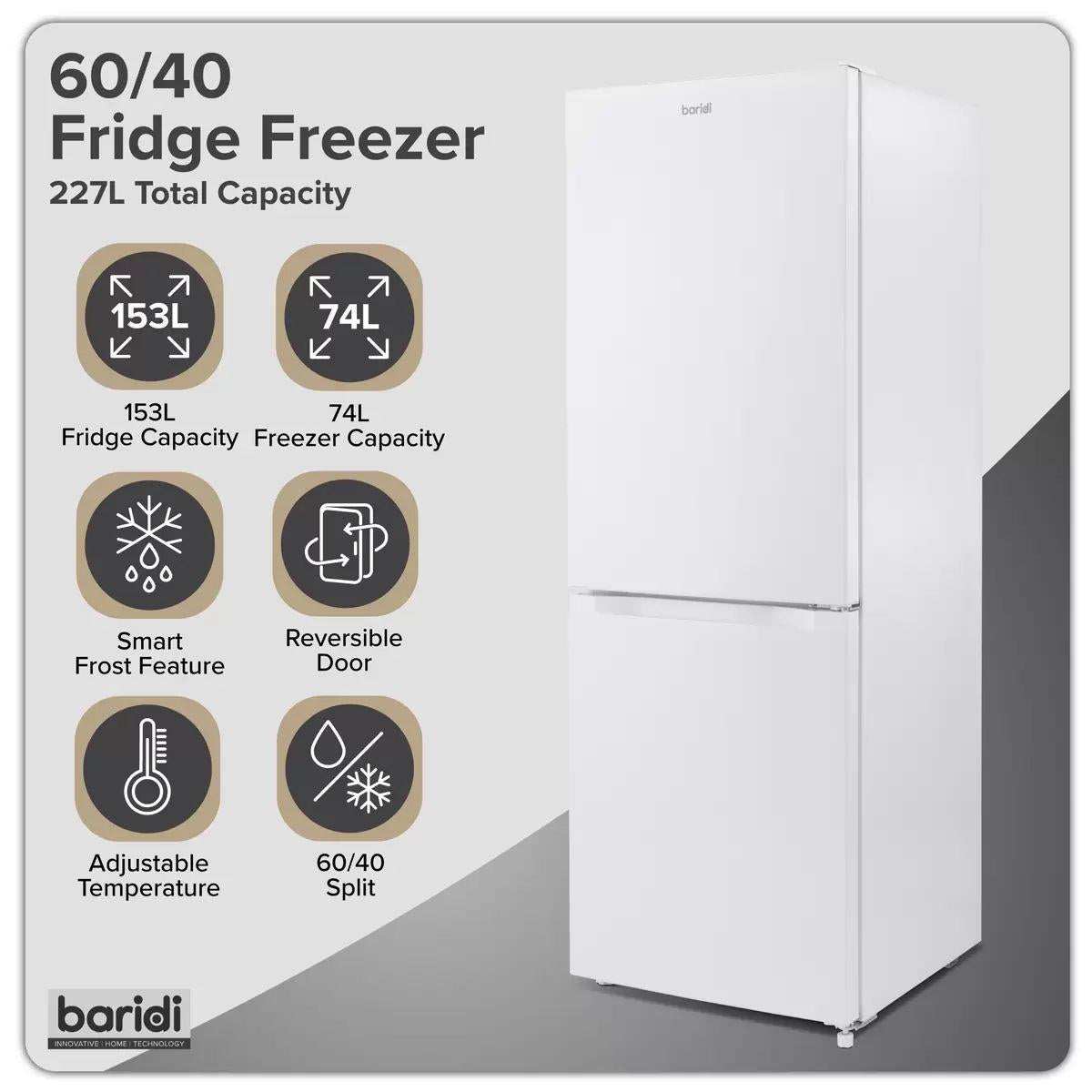 Sealey DH326 Baridi 60/40 Smart Frost Fridge Freezer 227L Capacity White 230V