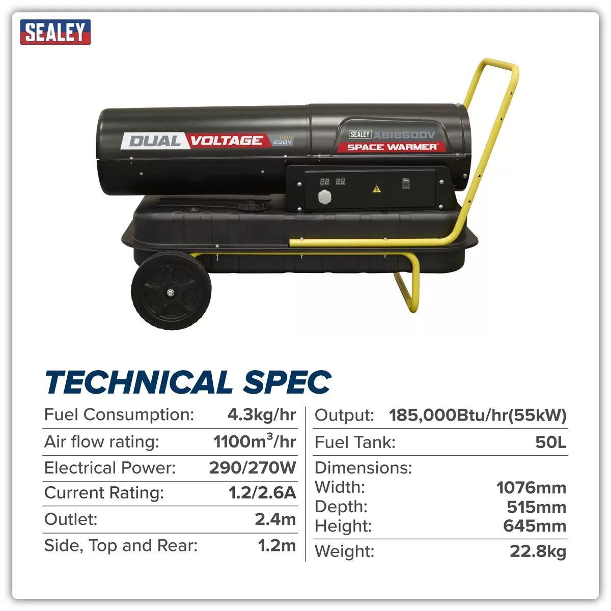 Sealey AB1850DV Dual Voltage Space Warmer® Kerosene/Diesel Heater with Wheels 230V/55kW