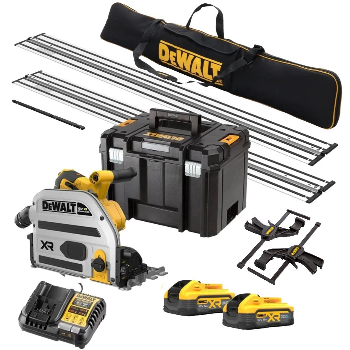 Dewalt DCS525H2T-GB 18V XR Brushless 165mm Plunge Saw with 2 x 5.0Ah Powerstack Batteries, Charger, Case, 2 x Guide Rail, Clamps, Connector & Rail Bag