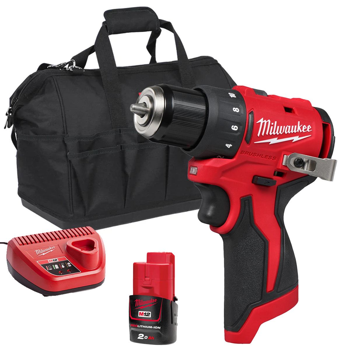 Milwaukee M12BLDDRC-0 12V Brushless Drill Driver with 1 x 2.0Ah Battery Charger & Bag