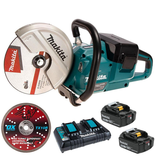 Makita DCE090ZX1 36V LXT 230mm Brushless Disc Cutter with 2 x 5.0Ah Battery Dual Port Charger & Diamond Blade
